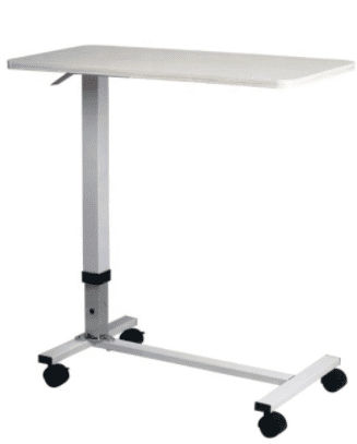 A white Over Bed Table with wheels.