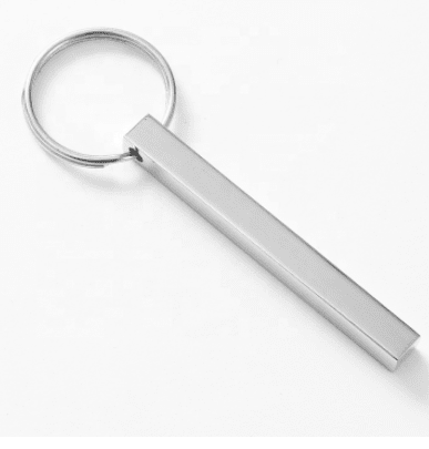 A silver Engraved Keychain with a rectangular shape.