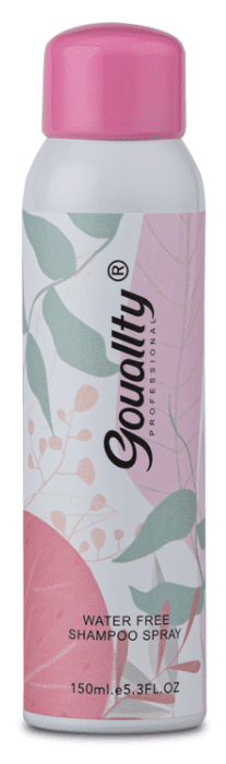 A jar with a pink flower and leaves on Dry Shampoo Spray.
