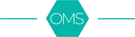 The oms logo on a black background.