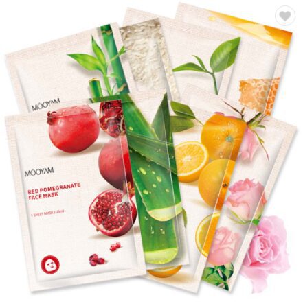 A pack of Red Pomegranate face masks with fruit and flowers.