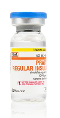 A bottle of Wallcur #9405REG-Practi-Insulin™ Regular 10 mL Vial on a white background.