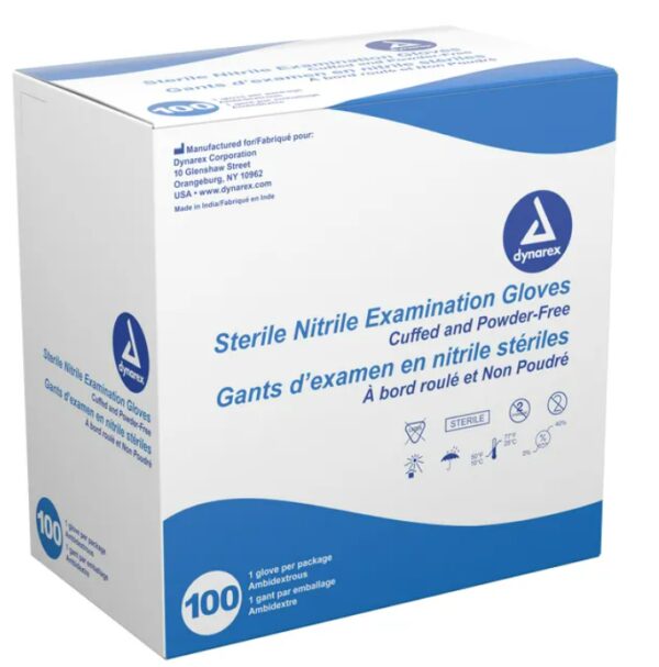 A box of Dynarex Sterile Nitrile Exam Gloves