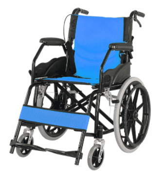 A blue folding wheelchair