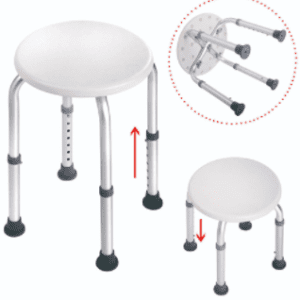 A white round shower chair with two legs and two feet.
