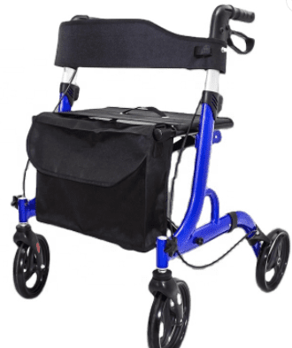 A blue Walker/Rollator w/seat with wheels and a seat.
