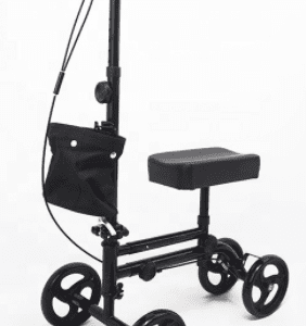 A black Knee Scooter with wheels on a white background.