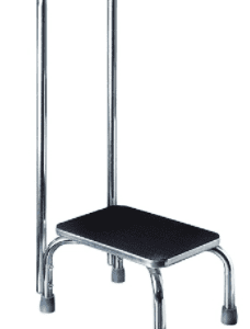 A stainless steel ladder footstool with a black seat.