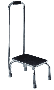 A stainless steel ladder footstool with a black seat.