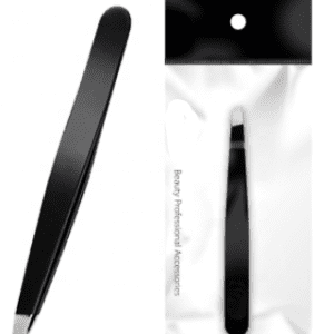 A Stainless Steel Anti-static Black Slanted Eyebrow Eyelash Tweezers with a black handle.