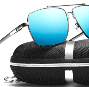 A pair of Metal Sunglasses Men Polarized with blue lenses and a case.
