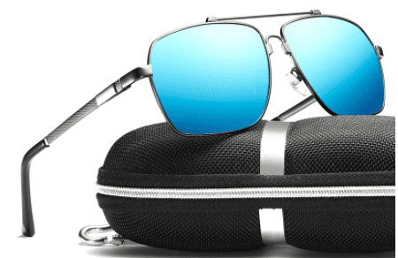 A pair of Metal Sunglasses Men Polarized with blue lenses and a case.