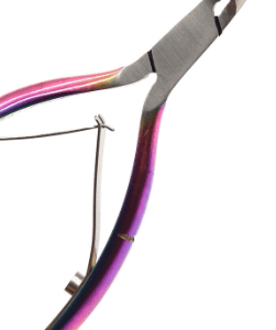 A pair of Stainless Steel Cuticle Scissor with a rainbow colored handle.