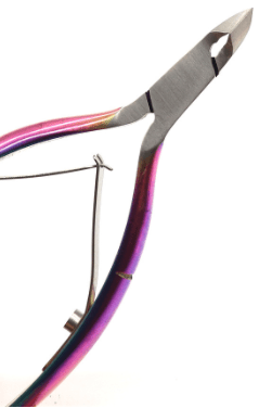 A pair of Stainless Steel Cuticle Scissor with a rainbow colored handle.