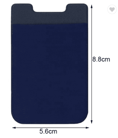 A blue Mobile Phone Wallet Stick On Credit Card Holder Phone Case with measurements.