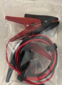 A red and black Car Booster Cables in a plastic bag.