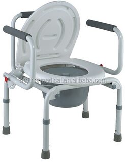 A Commode Chair w/o wheels with a seat and armrest.